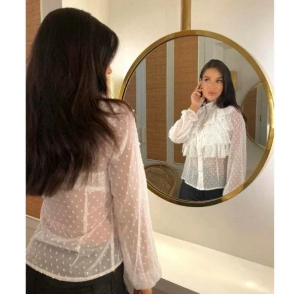 White Polka Dot Long Sleeve High Neck Ruffle Blouse Top - Picture 6 of 15